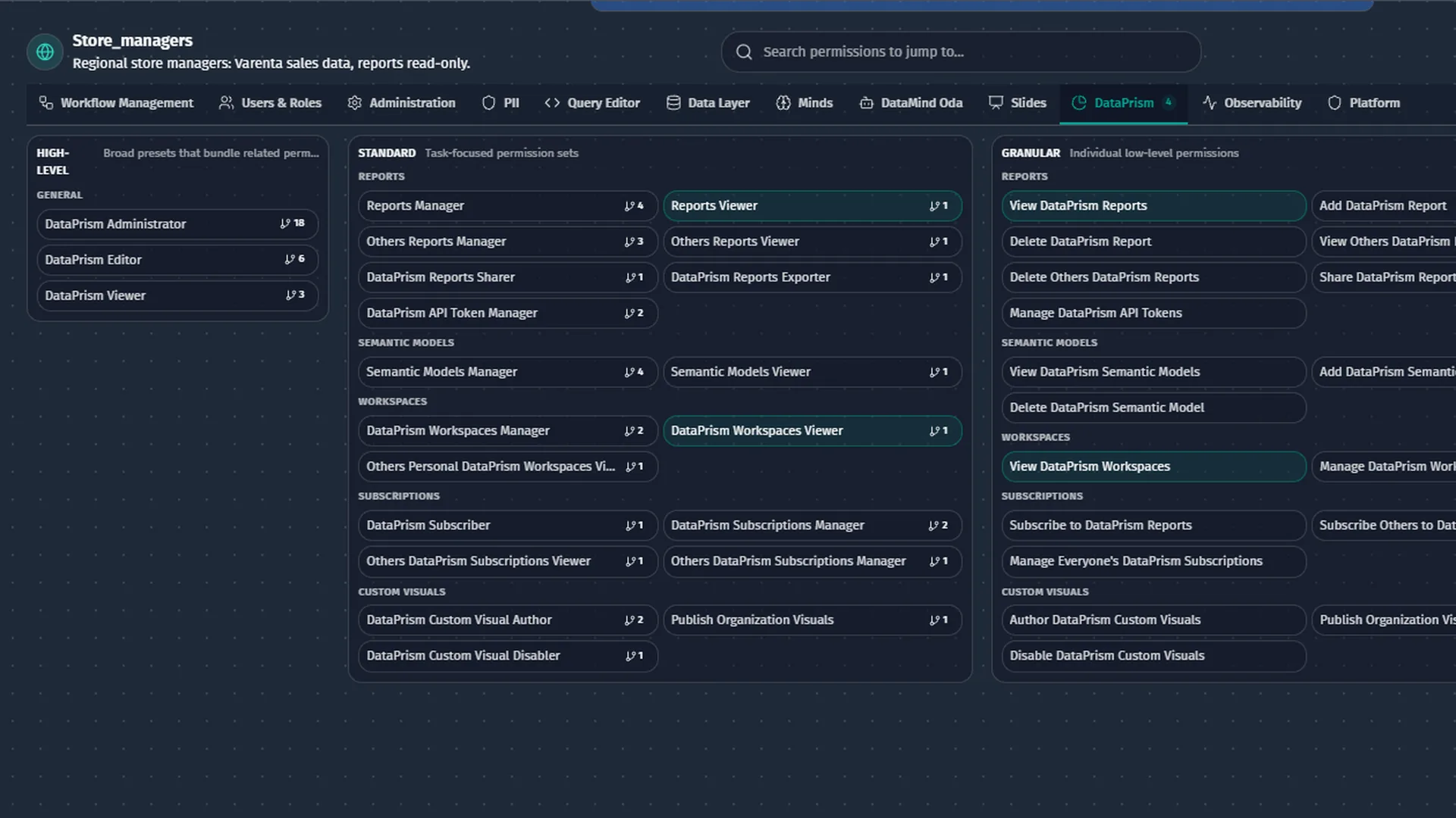 Permission matrix for the role Store_managers in DataMind OS: DataPrism permissions grouped as high-level presets, standard sets and granular permissions, with Reports Viewer and View DataPrism Reports selected.