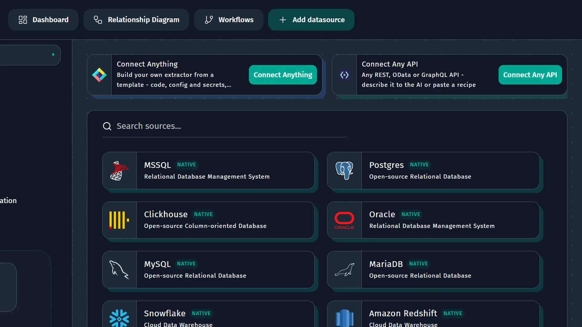 Source picker in DataMind OS with MSSQL, Postgres, ClickHouse, Oracle, MySQL, MariaDB, Snowflake and Redshift, plus Connect Anything and Connect Any API.