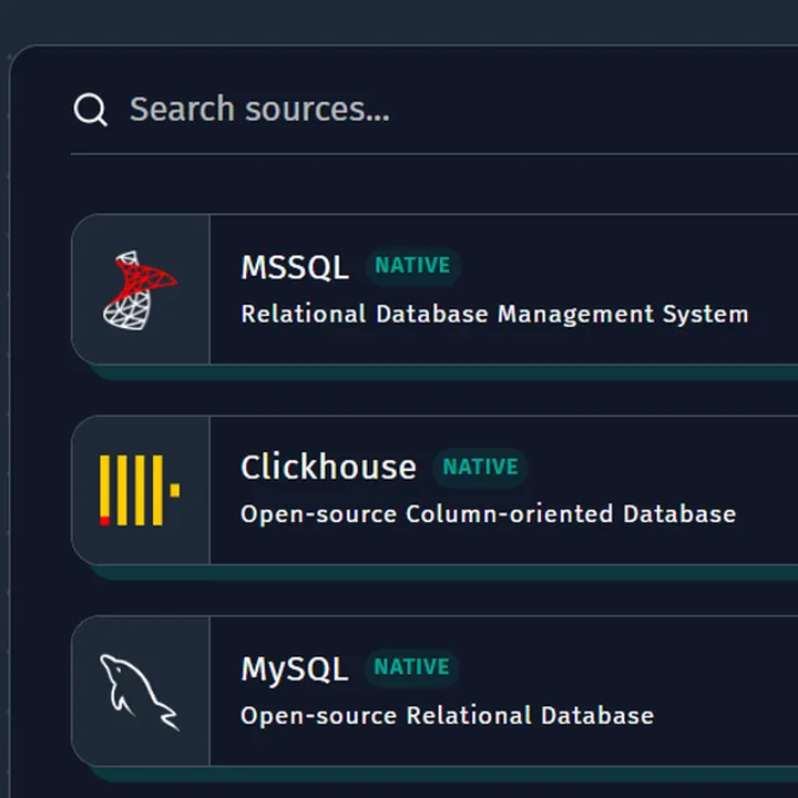 Source picker in DataMind OS with MSSQL, Postgres, ClickHouse, Oracle, MySQL, MariaDB, Snowflake and Redshift, plus Connect Anything and Connect Any API.