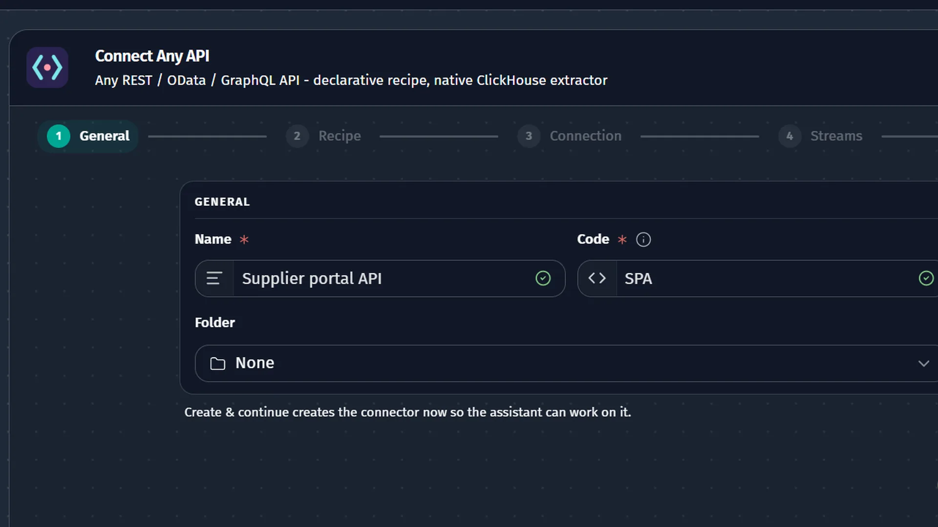 Connect Any API wizard in DataMind OS on its General step, creating a connector named Supplier portal API, with the Recipe, Connection and Streams steps ahead.