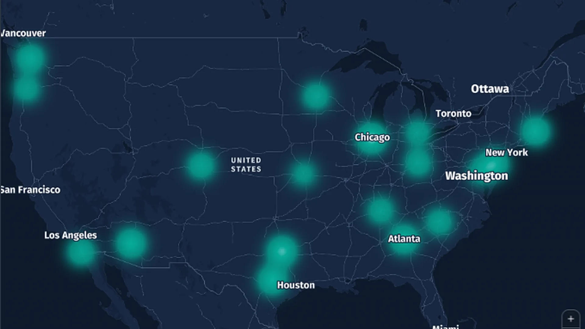 3D Maps view of the United States with a heatmap of stores by revenue and city labels such as Chicago, Houston, Atlanta and New York.