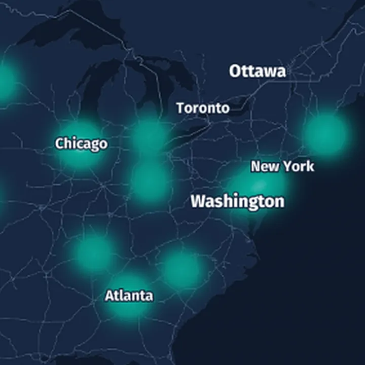 3D Maps view of the United States with a heatmap of stores by revenue and city labels such as Chicago, Houston, Atlanta and New York.