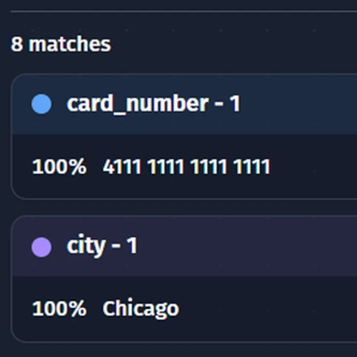 PII Shield playground scanning a refund message, with the name, email, phone number, card number and street address highlighted and 8 matches listed with their confidence.