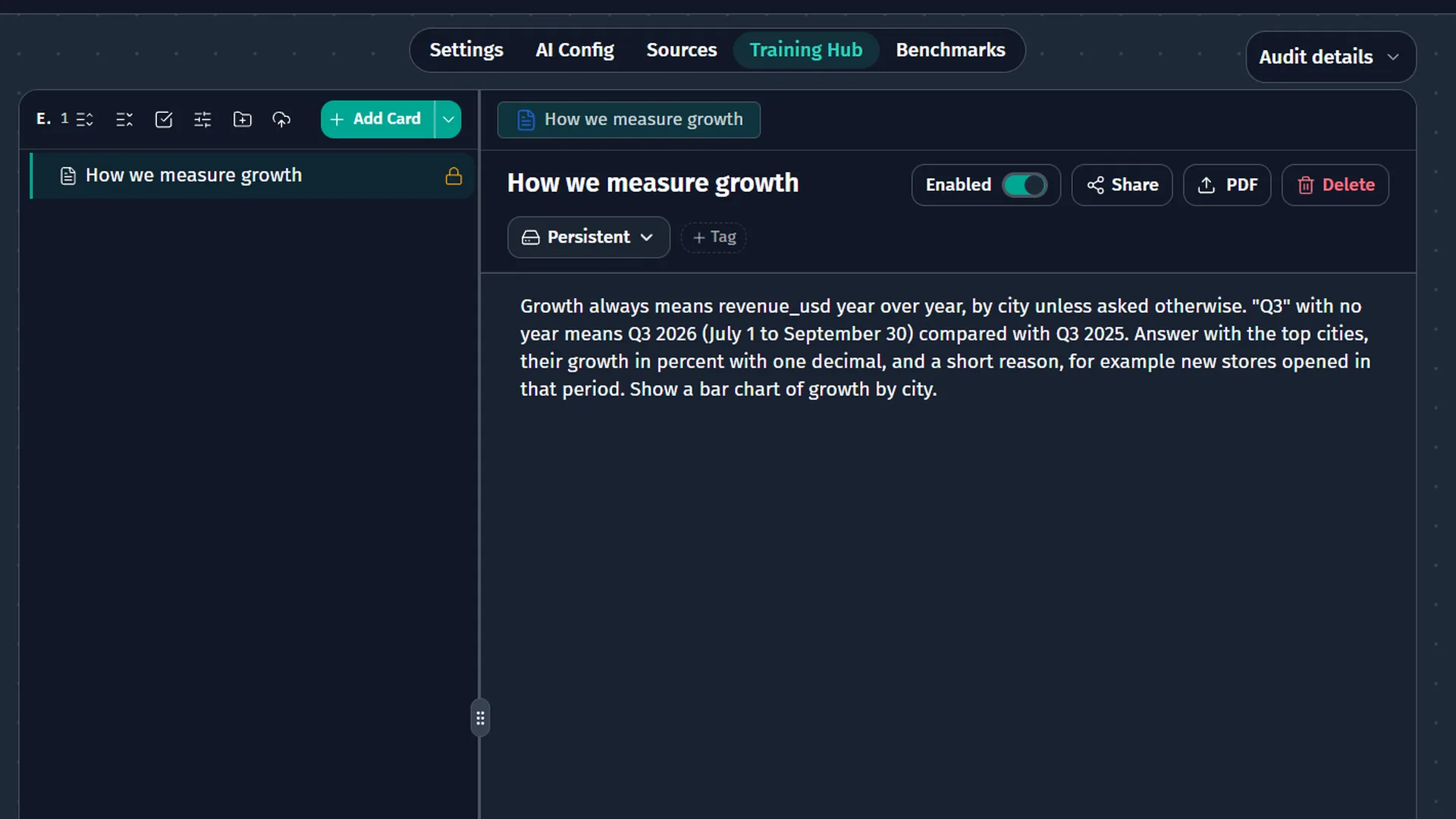 Training Hub in DataMind OS with the card How we measure growth, enabled and persistent, showing the company rule text.