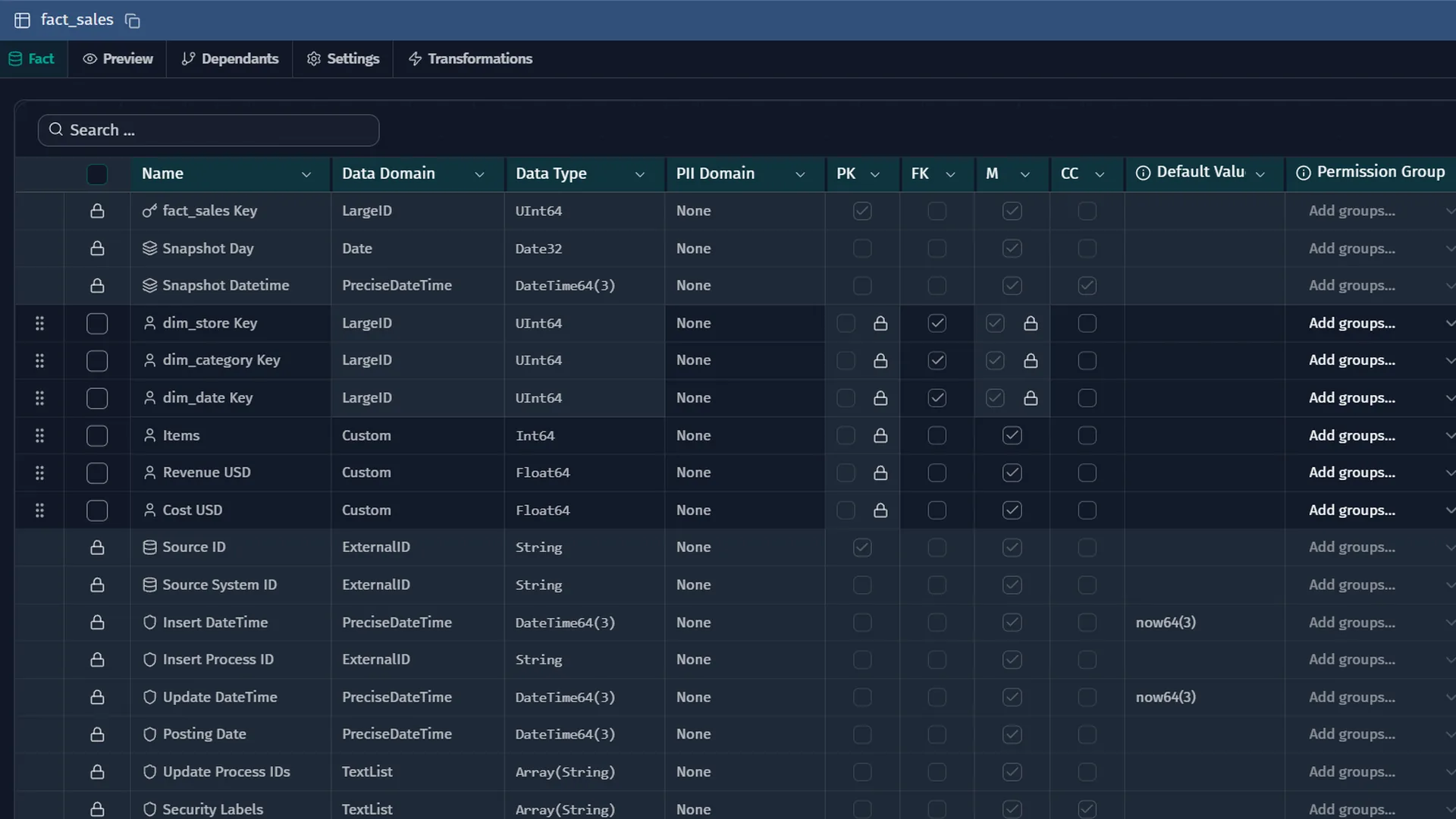 Warehouse table fact_sales listing each column with its data domain, data type, PII domain, primary and foreign key flags and permission groups.