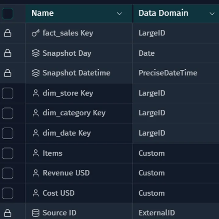 Warehouse table fact_sales listing each column with its data domain, data type, PII domain, primary and foreign key flags and permission groups.
